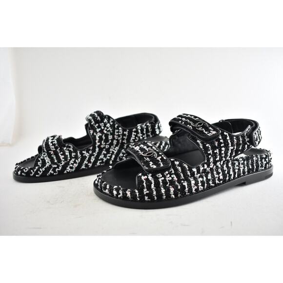 Chanel 22C Black White Tweed CC Logo Mule Slide Strap Flat Dad Teva Sandal 41 - Picture 10 of 11